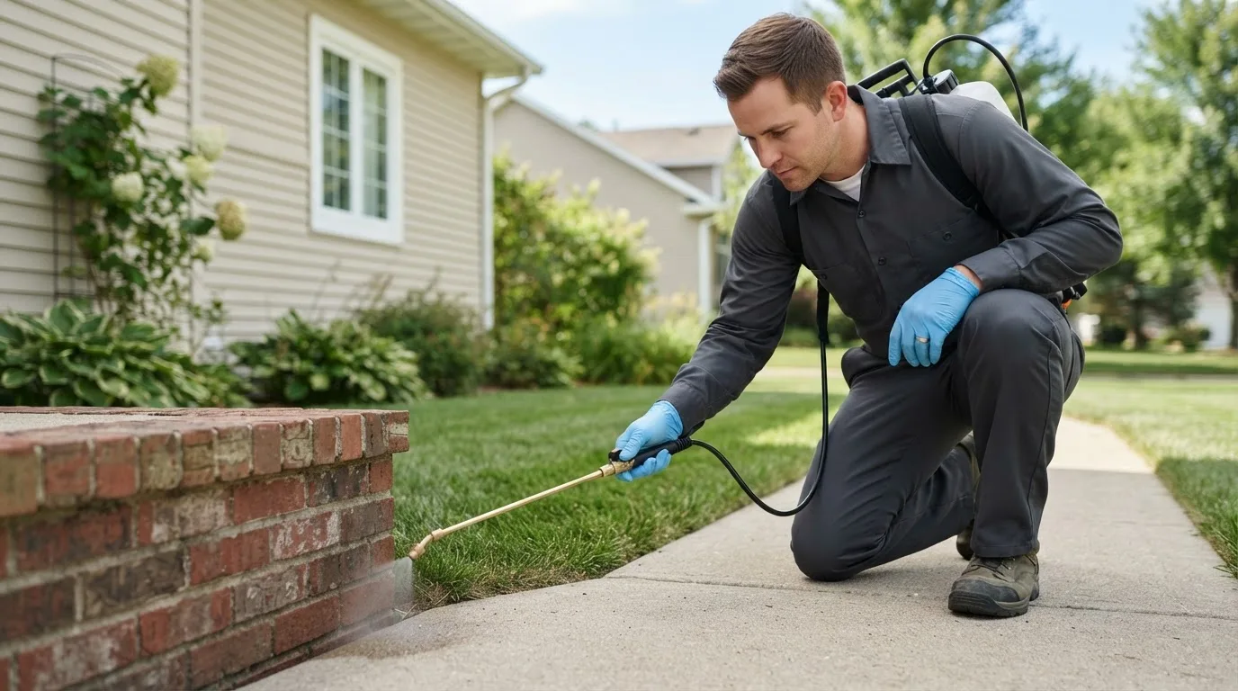 Pest control technician treating a home near Pingree, ND