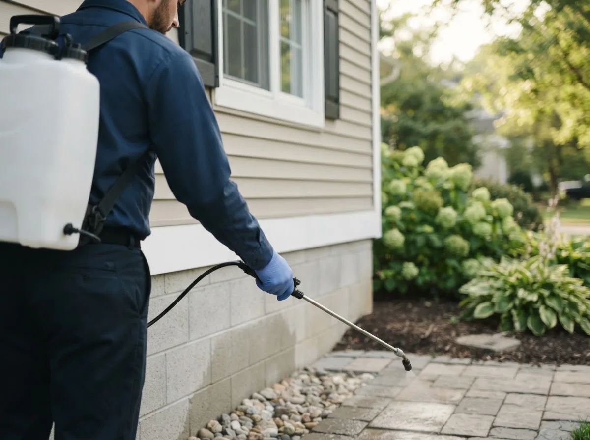 Pest control technician inspecting a home in Pingree, ND